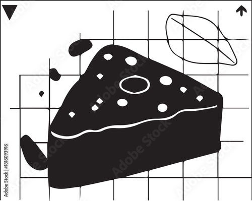 Modern graphic illustration of a delectable dessert slice, adorned with sweet sprinkles and a stylish leaf, set on a subtle grid for a clean and contemporary culinary design