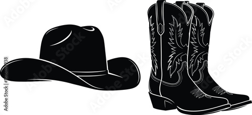Silhouette of a black cowboy hat and boots