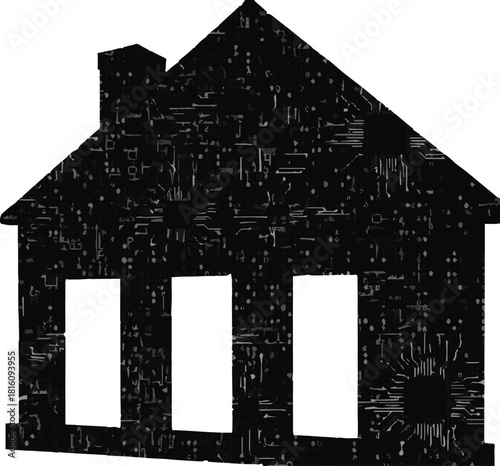 Smart home technology concept illustrated by a house silhouette with an intricate electronic circuit board texture symbolizing home automation