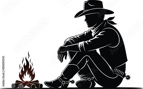 Silhouette of a cowboy sitting by a campfire