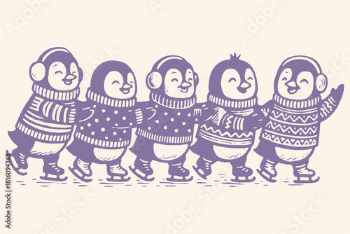 Five cute penguins in sweaters and earmuffs ice skate in a row. A cozy winter vector illustration in a vintage, monochrome engraving or print style.