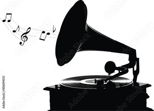 Silhouette of an antique gramophone playing music