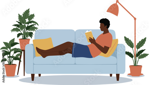 Relaxing at Home A Person Reading on the Couch Surrounded by Plants