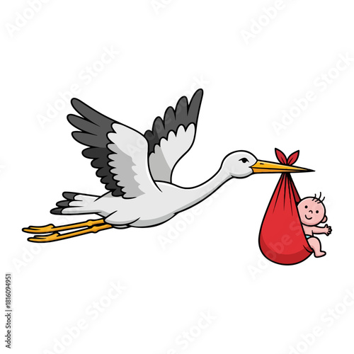 Stork Delivering Baby Cartoon Illustration for Newborn Announcement.