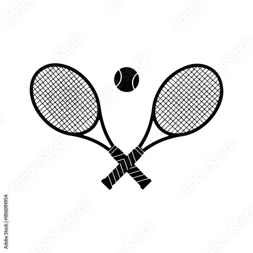 Tennis rackets crossed with a tennis ball in the middle.