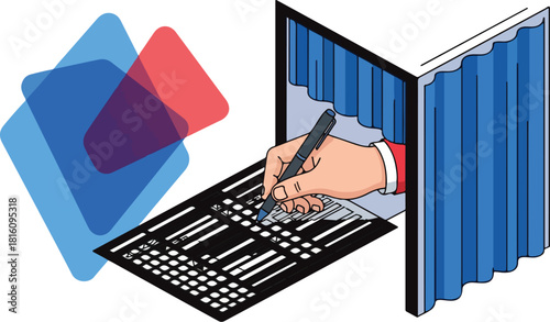 Hand casting vote in ballot box with ballot paper and election symbols.