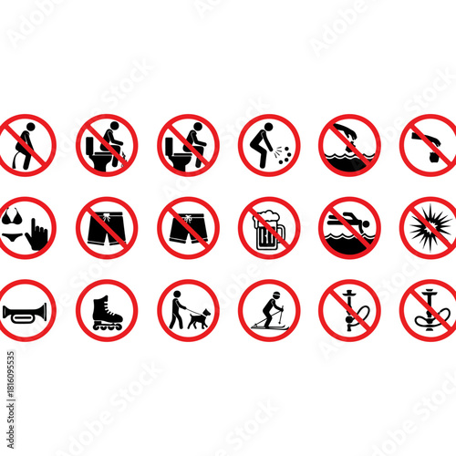 Collection of prohibition signs indicating various forbidden activities.