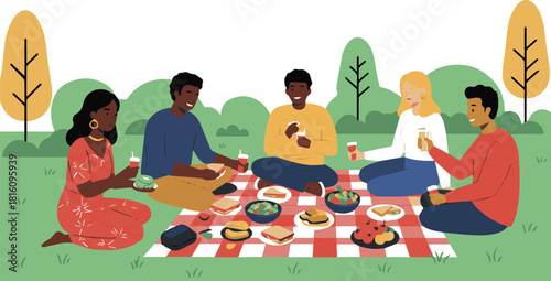 Group of diverse friends enjoying a picnic with food and drinks on a sunny day