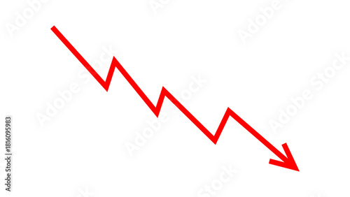 Red falling down arrow zigzag line graph indicates financial loss concept, stock market fall, business loss, market crash, economic loss. Red graph chart arrow downward direction. Vector illustration.
