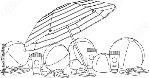 Beach umbrella with inflatable balls flip flops and sunscreen tubes vector