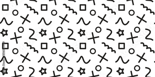 Black and white abstract geometric seamless pattern. Hand-drawn  style symbols in repeating layout. Minimal monochrome decorative background design.