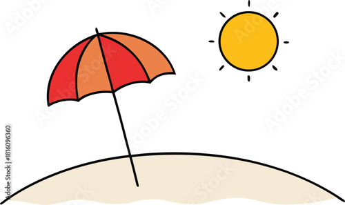 A vibrant cartoon illustration depicts a beach umbrella casting a shadow on the sand under a bright yellow sun on a clear day