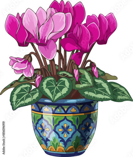 mediterranean serenade cyclamens joyful dance within a handpainted planter, isolated on transparent background