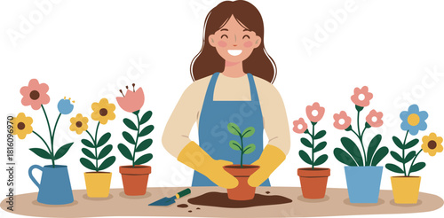 Woman Gardening with Flowers Planting and Nurturing a Blooming Garden in a Sunny Scene