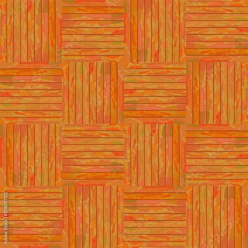 Seamless wooden parquet pattern. Vector illustration of orange timber floor texture with checkerboard design. Abstract wood background for interior design, laminate flooring, and architectural wall