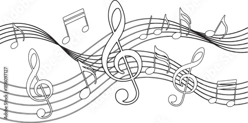 Black and white line art illustration of musical notes on staff lines treble clef eighth note
