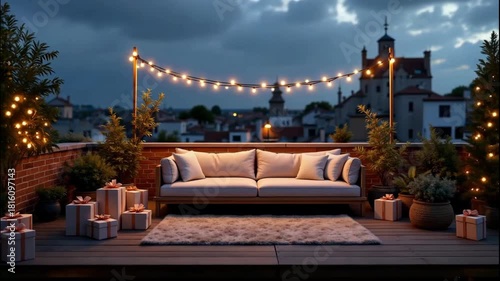 Rooftop christmas party scene with cozy sofa warm string light gift box brick wall city view dusk soft rug potted plant festive mood gentle glow cheerful gathering urban skyline cloudy evening sky