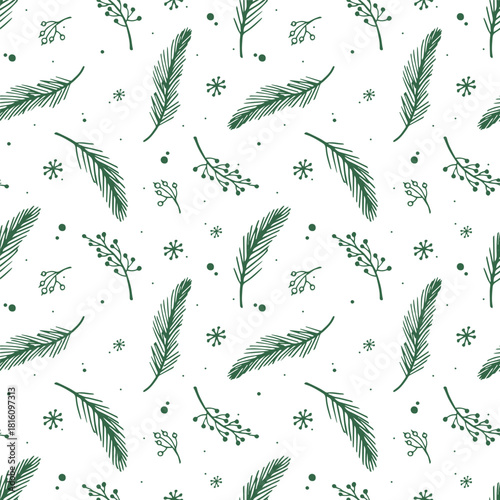 Wallpaper Mural Christmas whimsical seamless pattern with green spruce branches on white background. Coquette pattern for wrapping paper, fabric and holiday decor Torontodigital.ca