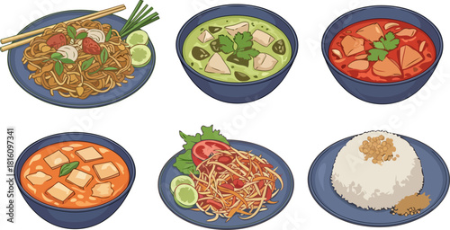 siams culinary canvas an illustrated journey through thailands iconic flavors, isolated on transparent background
