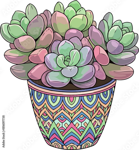 vibrant artistry blooms stylized succulent flourishing in a richly patterned bohemian vessel, isolated on transparent background