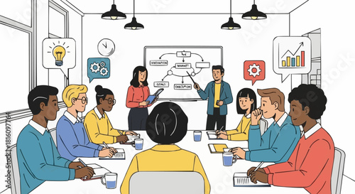 Team members in a meeting discussing a business strategy.