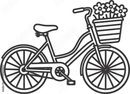 Bicycle with flower basket on handlebars line art on white Keywords: bicycle, bike, cycling