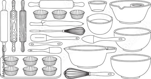 Black and white line drawing illustration of baking tools and supplies cooking kitchen