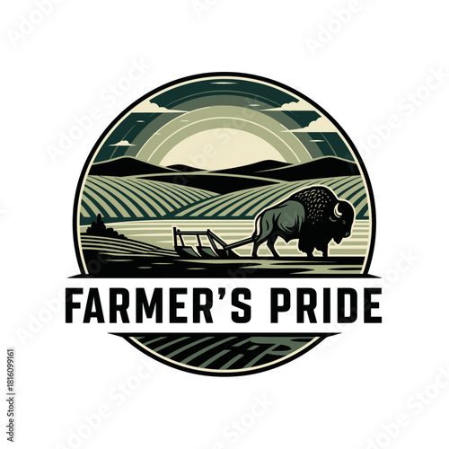 Bison Plowing Farm Agriculture Logo