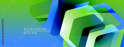 Abstract geometric shapes overlap creating vibrant blue, green gradients. Modern design suitable for backgrounds, presentations. Clean, dynamic composition.