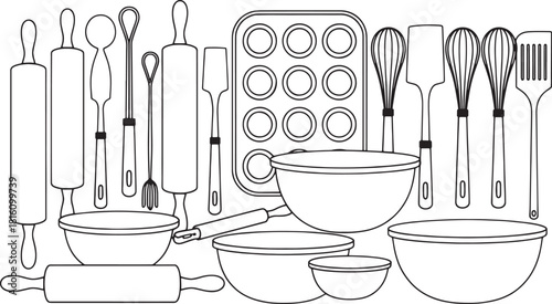Black and white line drawing of baking utensils and mixing bowls kitchen cooking