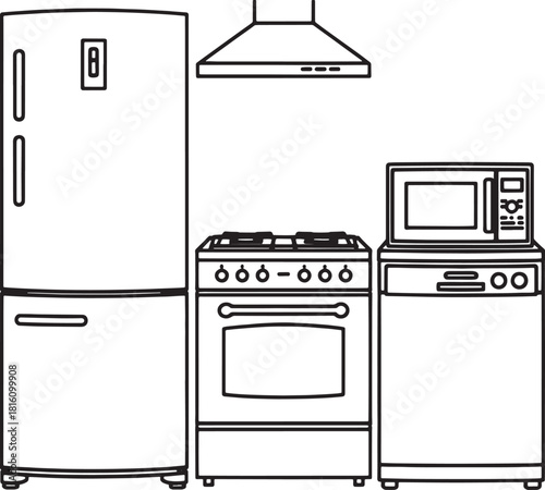 Black and white line drawing of kitchen appliances refrigerator stove microwave and hood oven