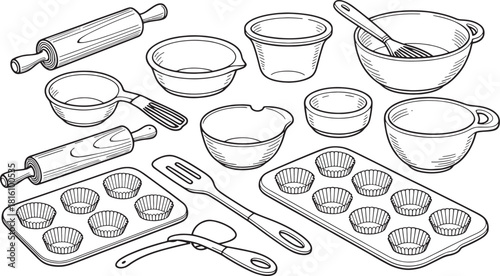 Black and white line drawing illustration of baking utensils and equipment cooking kitchen