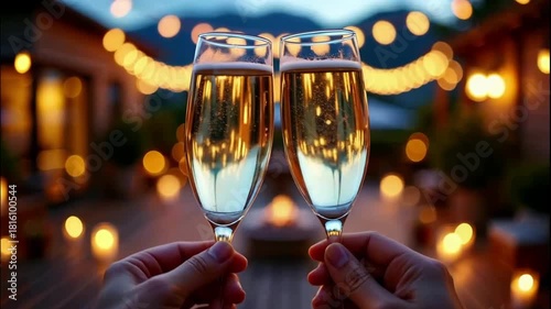 Rooftop christmas party champagne toast string light with warm bokeh, sparkling wine clink cozy terrace sunset, festive celebration romantic evening glow with candle light joy and mountain view