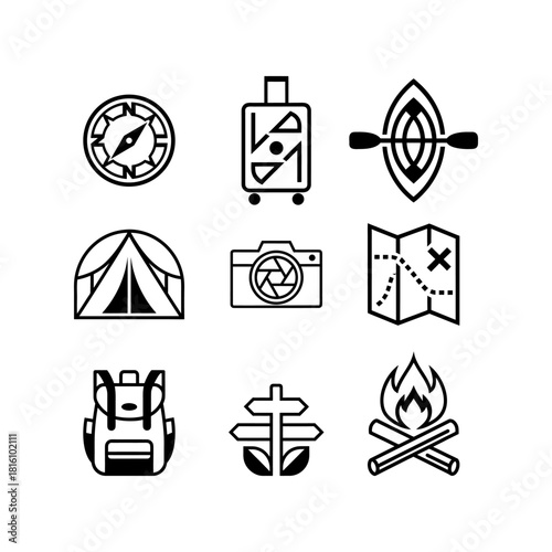 This icon set represents essential elements of tourism and outdoor travel, including navigation, camping, transportation, exploration, and adventure activities.