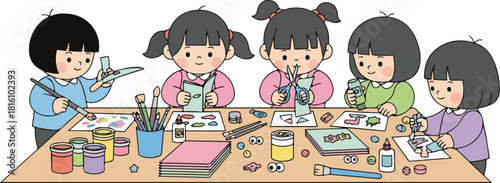 Group of happy children engaged in arts and crafts activity.