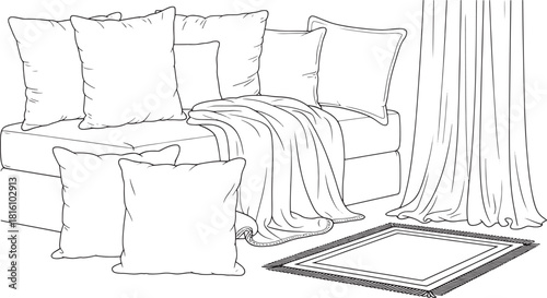 Line art illustration of a sofa with pillows and a blanket on a rug couch