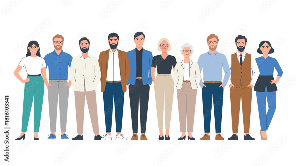 Fototapeta premium Diverse group of people standing together in modern flat style illustration representing teamwork, community, inclusivity, and professional collaboration 