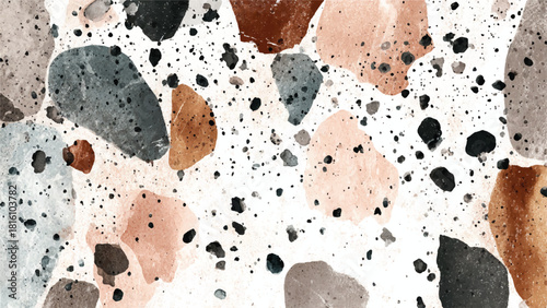 Terrazzo-inspired seamless pattern featuring earthy tones, ideal for backgrounds, textures, and modern design projects. a close up of a counter top with blue, brown, and black speckles on a white back