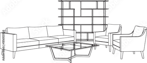 Line drawing of modern living room furniture including sofa armchairs and coffee table illustration