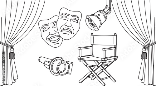 Theater stage elements including masks curtains spotlights and director chair performance drama