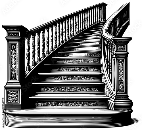 A striking black and white staircase features ornate railing posts and evenly spaced balusters, creating dramatic lines and a deep shadow. This architectural detail conveys elegance,