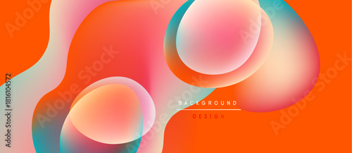 Abstract fluid shapes, vibrant colors blend. Orange dominates, turquoise accents create dynamic composition. Modern design element.