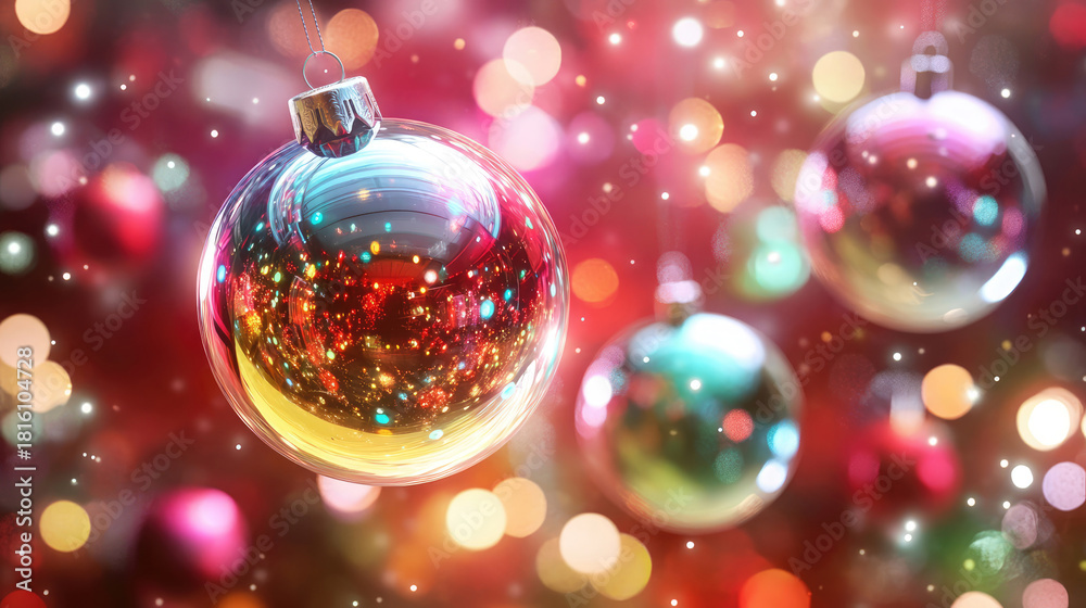 Fototapeta premium Colorful abstract Christmas balls floating in mid-air, colorful, glowing,