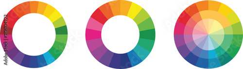 Three Color Wheels with Different Color Segmentations on White Background circle spectrum