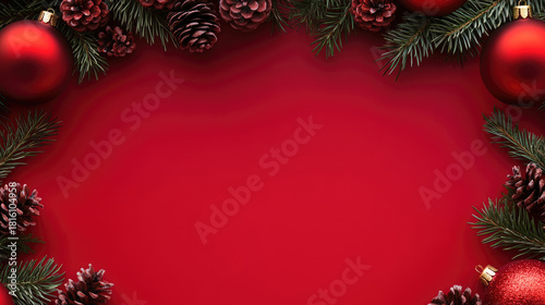 Wallpaper Mural Red christmas ornaments, pine cones, and pine branches create a festive border on a red background, offering ample copy space for holiday greetings Torontodigital.ca