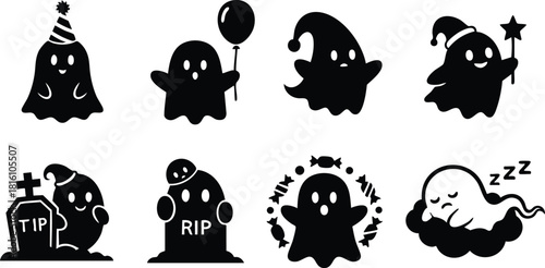 Playful ghost illustrations featuring various designs for Halloween celebrations and spooky themes 