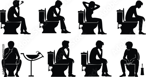Various Silhouettes Depicting Different Postures and Activities on a Toilet Illustration 