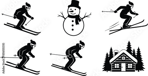 Skiing activities featuring a snowman and a cozy cabin in a winter wonderland setting 