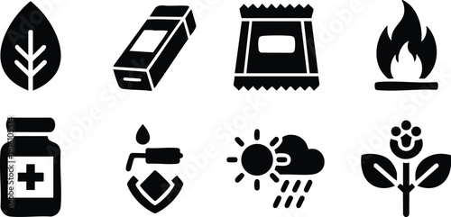 Health and nature icons including leaf, medicine, fire, and weather elements for educational use 