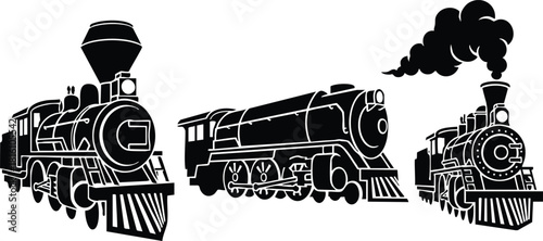 Vintage steam locomotives collection showcasing three distinct train designs in black silhouette style 